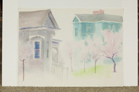Gray And Blue Houses With Pink Blossoms thumbnail