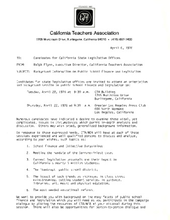 Letter to candidates for California State Legislative Offices from Ralph Flynn, Executive Director, California Teachers Association thumbnail