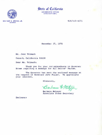 Letter to Jane Tolmach from Governor, Edmund G. Brown Jr.'s Associate Press Secretary Barbara Metzger thumbnail