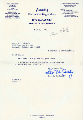 Letter to Jane Tolmach from Leo T. McCarthy thumbnail