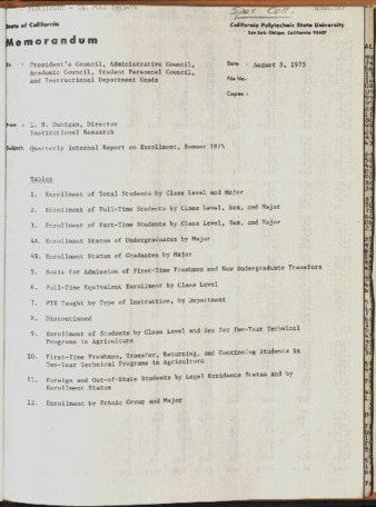 Quarterly Internal Report on Enrollment, Summer 1975 thumbnail