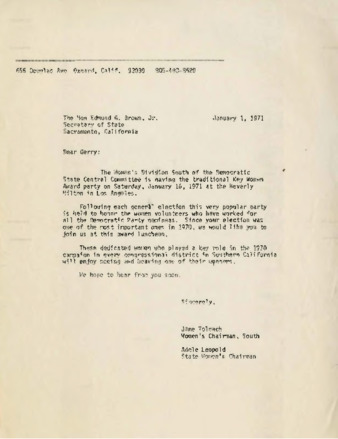 Letter to Governor Pat Brown from Jane Tolmach and Adele Leopold thumbnail