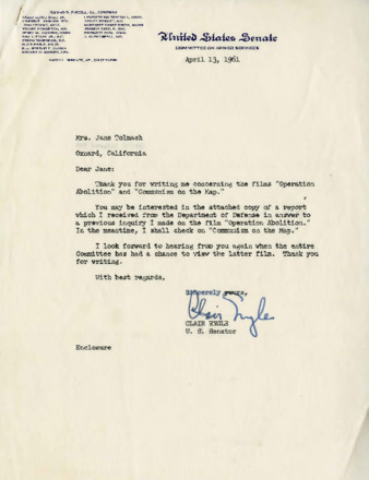 Letter to Jane Tolmach from Senator Clair Engle thumbnail