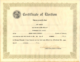 November 1983 Certificate of Election Board of Oxnard School District thumbnail