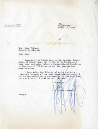Letter to Jane Tolmach from C.H. Andrews thumbnail