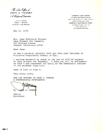 Letter to Jane Tolmach from John A. Howard thumbnail