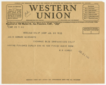 Telegram from William Randolph Hearst to Julia Morgan, July 20, 1933 thumbnail