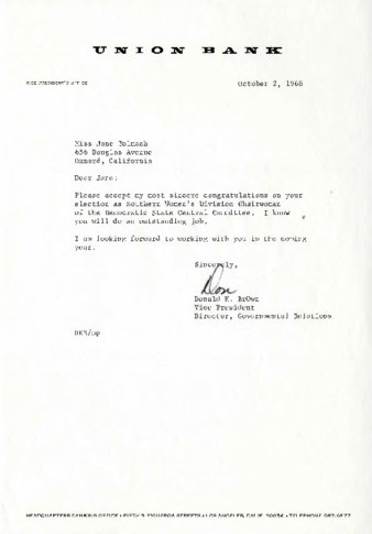 Letter to Jane Tolmach from Donald K. Brown thumbnail