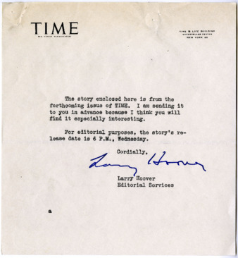 Letter from Larry Hoover with enclosed article from Time magazine thumbnail