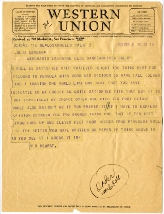 Telegram from William Randolph Hearst to Julia Morgan, February 5, 1929 thumbnail