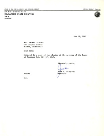 Letter to Jane Tolmach; from Jack W. Thompson thumbnail