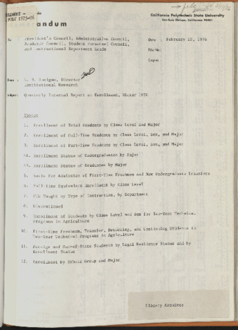 Quarterly Internal Report on Enrollment, Winter 1976 thumbnail