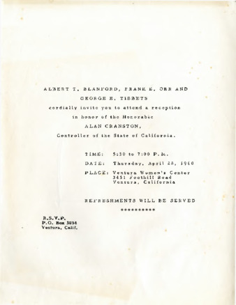 Invitation to honor Alan Cranston, Controller of the State of California thumbnail