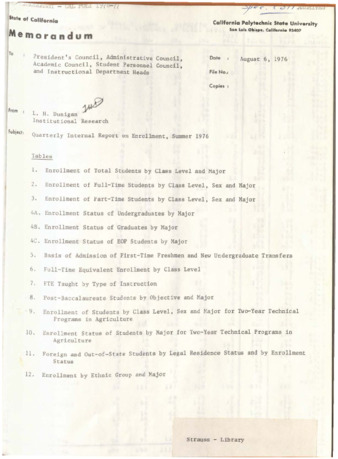Quarterly internal report on enrollment, Summer 1976 thumbnail