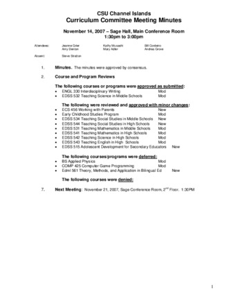 Curriculum Committee Meeting Minutes for November 14, 2007 thumbnail