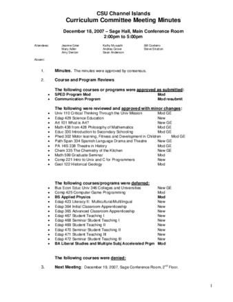 Curriculum Committee Meeting Minutes for December 18, 2007 thumbnail