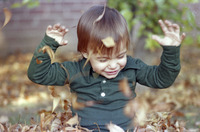 Adam Watkins Sitting in Autumn Leaves Pile at Home thumbnail