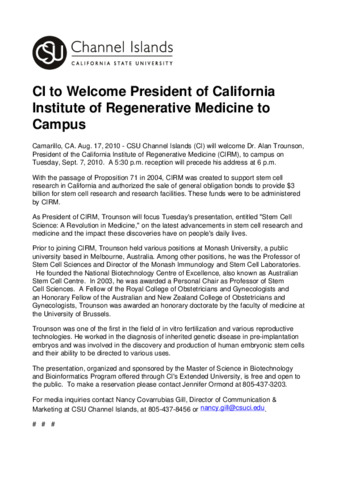 CI to Welcome President of California Institute of Regenerative Medicine toCampus thumbnail