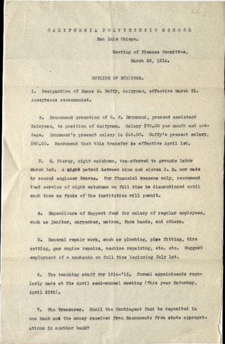 Outline of Business, Meeting of Finance Committee, March 28, 1914 thumbnail