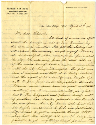 Letter from Aron Sinsheimer, April 18, 1906 thumbnail