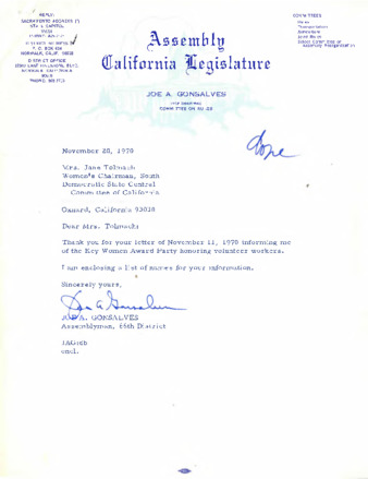 Letter to Jane Tolmach from Joe A. Gonsalves thumbnail