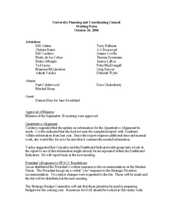 University Planning and Coordinating Council Meeting Notes October 26, 2006 thumbnail
