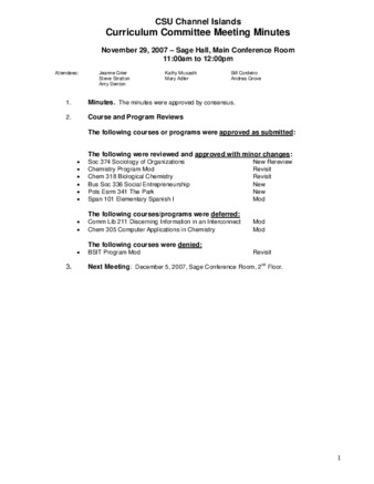 Curriculum Committee Meeting Minutes for November 29, 2007 thumbnail