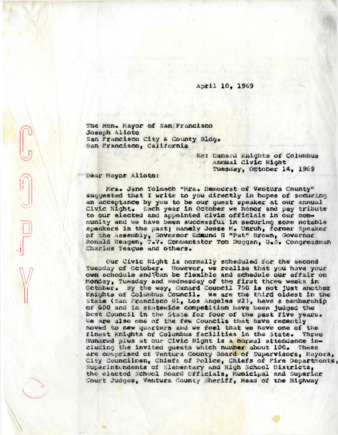 Letter to Mayor Joseph Alioto from Oxnard Knights of Columbus Council 750 thumbnail