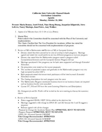 Curriculum Committee Meeting Minutes for October 18, 2004 thumbnail