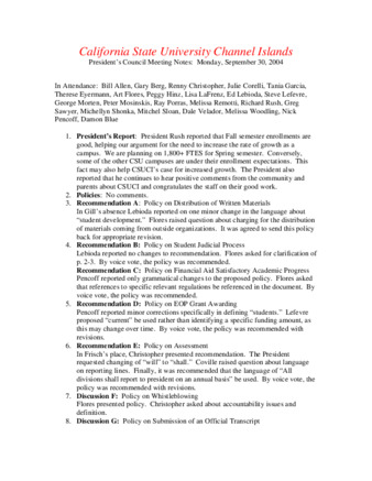California State University Channel Islands: President's Council Meeting Notes: Monday, September 30, 2004 thumbnail