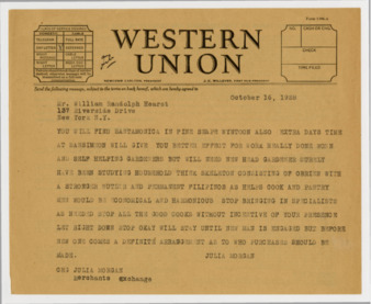 Telegram from Julia Morgan to William Randolph Hearst, October 16, 1928 thumbnail