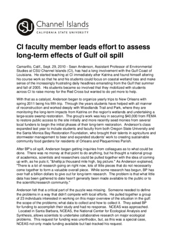 CI faculty member leads effort to assess long-term effects of Gulf oil spill thumbnail