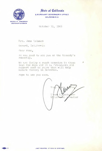 Letter to Jane Tolmach from Glenn M. Anderson thumbnail