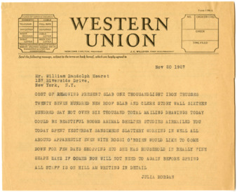 Telegram from Julia Morgan to William Randolph Hearst, November 20, 1927 thumbnail