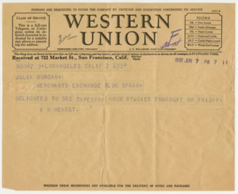 Telegram from William Randolph Hearst to Julia Morgan, June 7, 1932 thumbnail