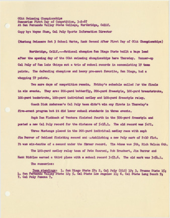 CCAA Championships, summaries first day of competition, March 2, 1967 thumbnail