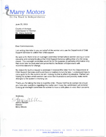 Letter to Commissioners from Aurora William Director of Many Motors thumbnail