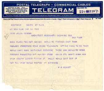 Telegram from William Randolph Hearst to Julia Morgan, May 10, 1921 thumbnail