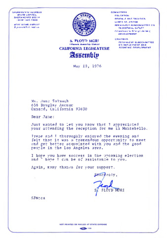 Letter to Jane Tolmach from S. Floyd Mori thumbnail