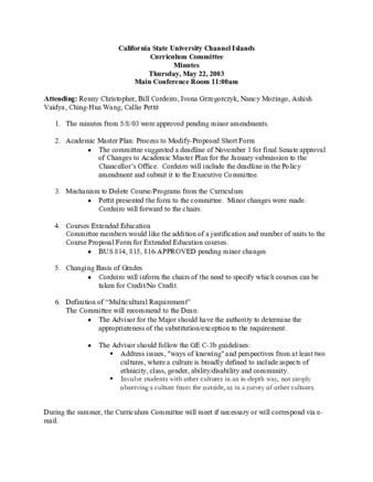 Curriculum Committee Meeting Minutes for May 22, 2003 thumbnail