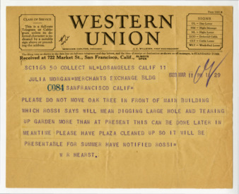 Telegram from William Randolph Hearst to Julia Morgan, March 11, 1928 thumbnail