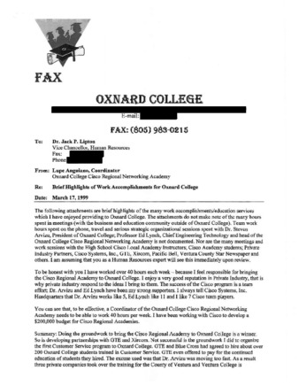 Brief Highlights of Work Accomplishments for Oxnard College for Dr Jack P. Lipton thumbnail