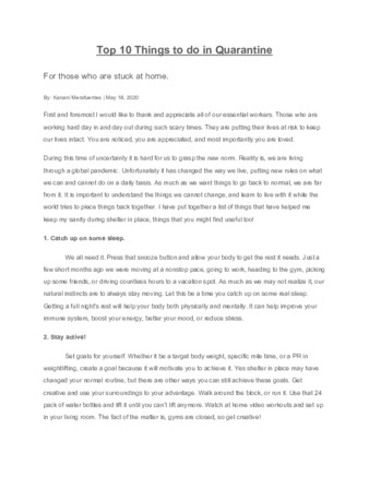 Kanani Merafuentes Article, "Top 10 Things to do during Quarantine" thumbnail