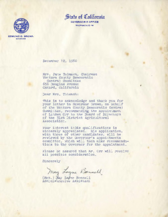 Letter to Jane Tolmach from May Layne Bonnell thumbnail