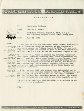 Memorandum from Charles T. Manatt, Chairman of California Democratic Party thumbnail