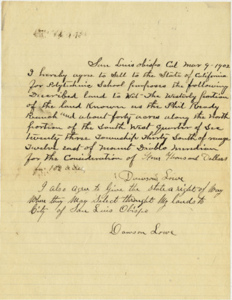 [Agreement from Dawson Lowe to sell property for California Polytechnic School, 1902] thumbnail