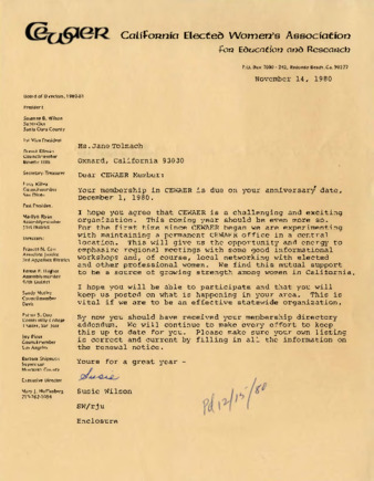 Letter to Jane Tolmach from Susie Wilson thumbnail