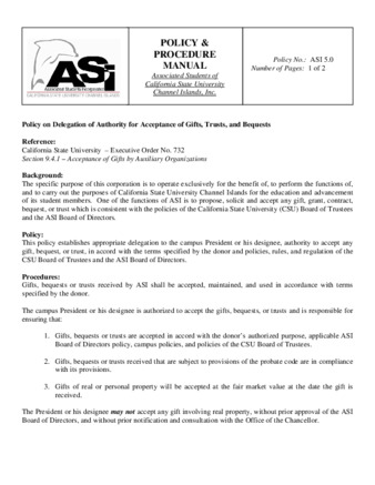 2006 Policy on Delegation of Authority for Acceptance of Gifts, Trusts, and Bequests thumbnail