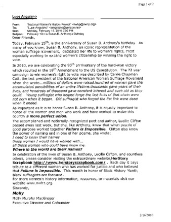 Email from the National Women's History Project to Lupe Anguiano Regarding the Anniversary of Susan B. Anthony thumbnail