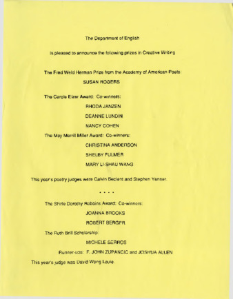 English Department Prizes in Creative Writing thumbnail